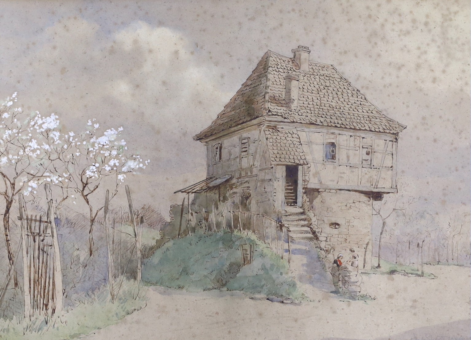 Frank Galsworthy (1863-1959), watercolour, Continental view with figures before a timbered house, signed, inscribed, and dated 1938, 36 x 50cm